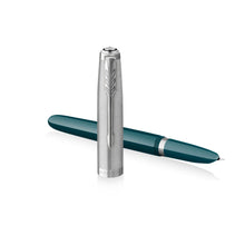 Load image into Gallery viewer, Parker 51 Fountain Pen Teal Blue Resin Chrome Trim Medium Nib Black Ink Gift Box