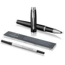 Load image into Gallery viewer, Parker IM Rollerball Pen Black Lacquer Chrome Trim Fine Point Black Ink
