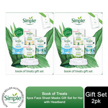 Load image into Gallery viewer, Simple Book of Treat Face Sheet Masks 4pcs Gift Set For Her with Headband