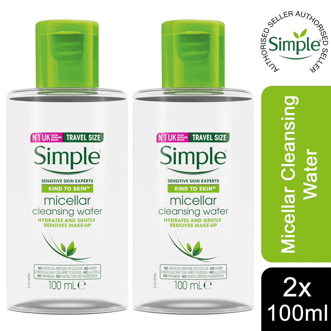 2x100ml Simple Kind to Skin Travel Size Make-Up Remover Micellar Cleansing Water