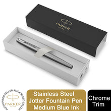 Load image into Gallery viewer, Parker Jotter Fountain Pen Stainless Steel Medium Nib Blue Ink Gift Box