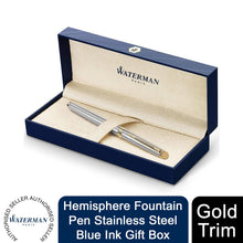 Load image into Gallery viewer, Waterman Hemisphere Fountain Pen StainlessSteel Gold Trim Black Ink Gift Box