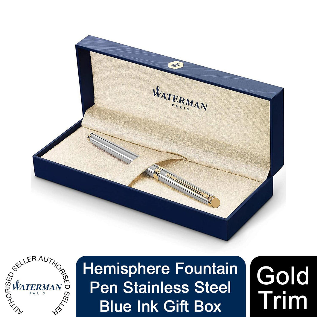 Waterman Hemisphere Fountain Pen StainlessSteel Gold Trim Black Ink Gift Box