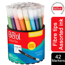 Load image into Gallery viewer, Berol Colouring Pens Felt Tip Assorted Washable ink Fine Point 0.6mm Tub of 42