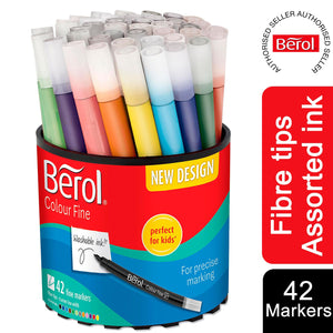 Berol Colouring Pens Felt Tip Assorted Washable ink Fine Point 0.6mm Tub of 42