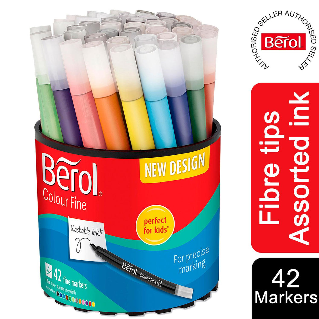 Berol Colouring Pens Felt Tip Assorted Washable ink Fine Point 0.6mm Tub of 42