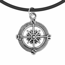 Load image into Gallery viewer, Black Leather Cord Tibetan Silver Charm Choker Pendant with Chain, Compass