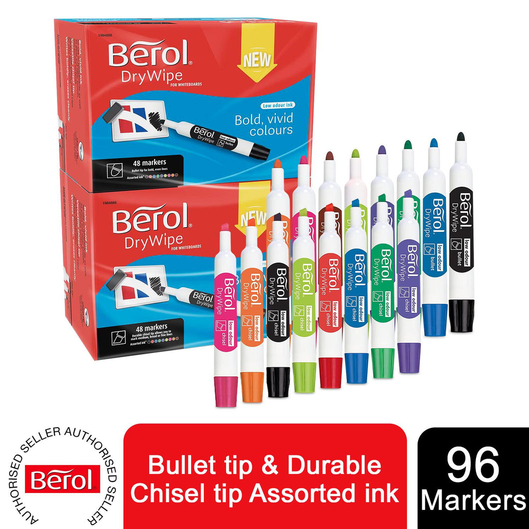 Berol Whiteboard Marker Dry Wipe Medium Chisel Tip Assorted Inks 96 Pack