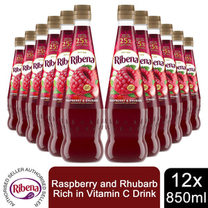 12 Pack of Ribena Raspberry and Rhubard Cordial Squash, 850ml