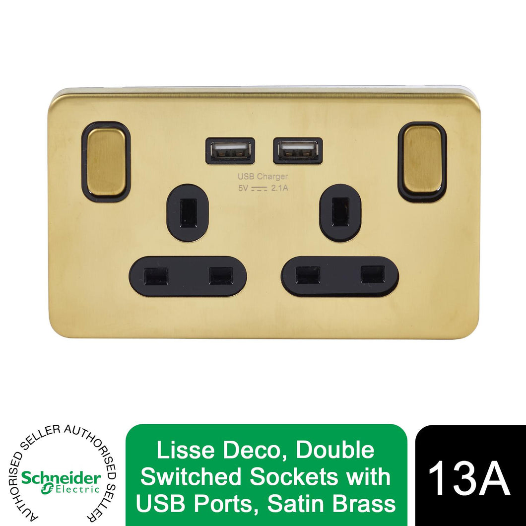 Schneider Electric Lisse Screwless Double Socket USB Ports 13A - Satin Brass