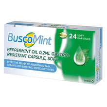 Load image into Gallery viewer, 2x Buscomint Peppermint Oil 0.2ml Gastro Resistant Treatment, 24 Soft Capsules