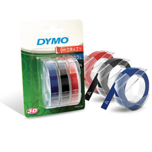 Load image into Gallery viewer, DYMO Vinyl Labels Embossing Tape Red Green or Blue 9mm x 3m Each 3 Rolls