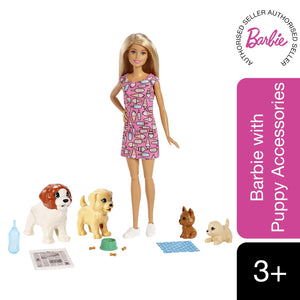 Barbie® Doggy Daycare Doll, Blonde, and Pets Playset with 4 Dogs