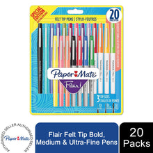 Load image into Gallery viewer, Paper Mate Flair Felt Tip Bold, Medium &amp; Ultra-Fine Pens, Assorted, Pack of 20