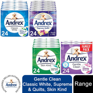 Andrex Toilet Roll Skin Kind, Gentle Clean, Classic or Supreme Quilts, 96 Rolls