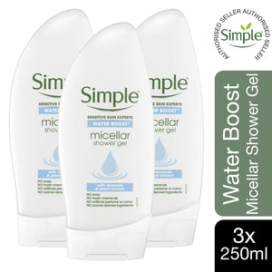 3pk 250ml or 500ml Simple Sensitive Skin Expert Water Boost Micellar Shower Gel