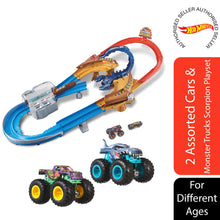 Load image into Gallery viewer, Hot Wheels Monster Trucks Demo 2-Pk Assorted &amp; Truck Scorpion Sting Raceway