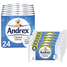 Load image into Gallery viewer, Andrex Toilet Paper Classic White, 24 Rolls &amp; Andrex Washlets Classic White, 6pk