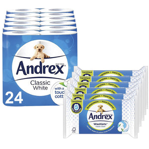 Andrex Toilet Paper Classic White, 24 Rolls & Andrex Washlets Classic White, 6pk