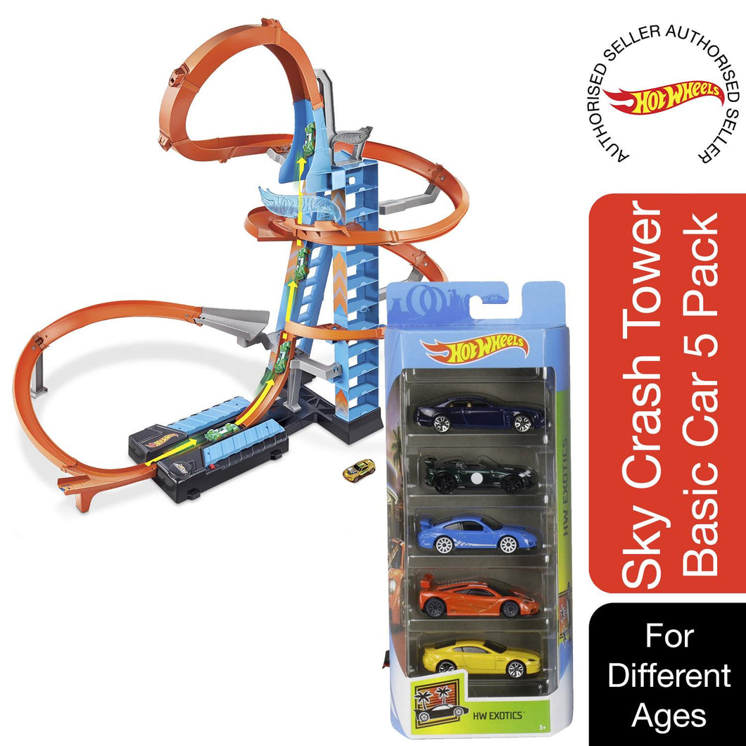 Hot Wheels Sky Crash Tower With Basic Hot Wheels Car 5 Pack for Ages 3+