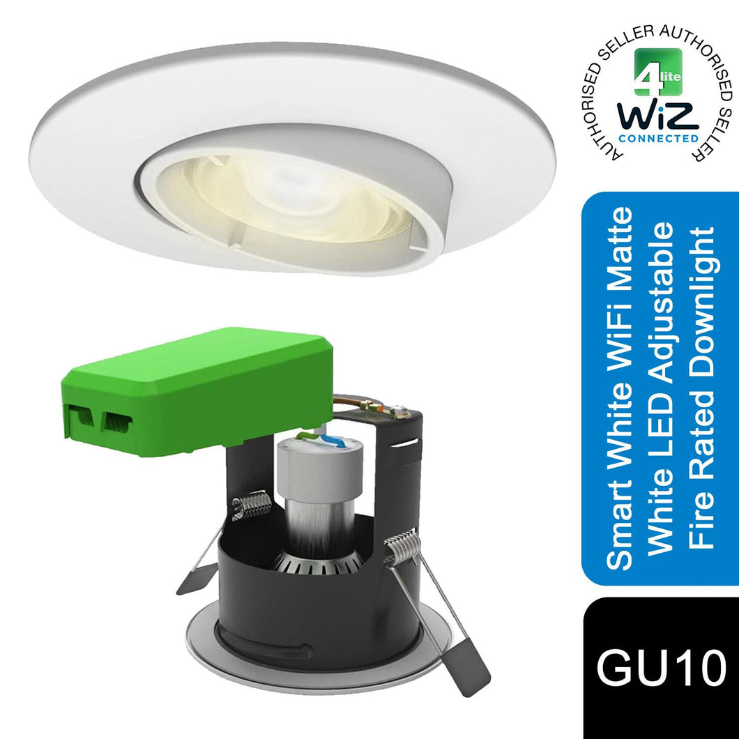 4lite WiZ Connected GU10 White LED Lamp & Matt White Adjustable Downlight IP20
