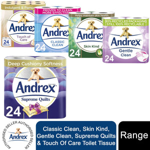 Andrex Toilet Roll Skin Kind, Gentle Clean, Classic or Supreme Quilts, 24 Rolls