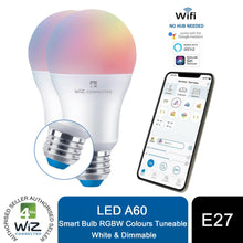 Load image into Gallery viewer, WiZ LED A60 Wi-fi &amp; Bluetooth Smart Bulb RGBW Colours B22 or E27 Bulb, 2 Pack