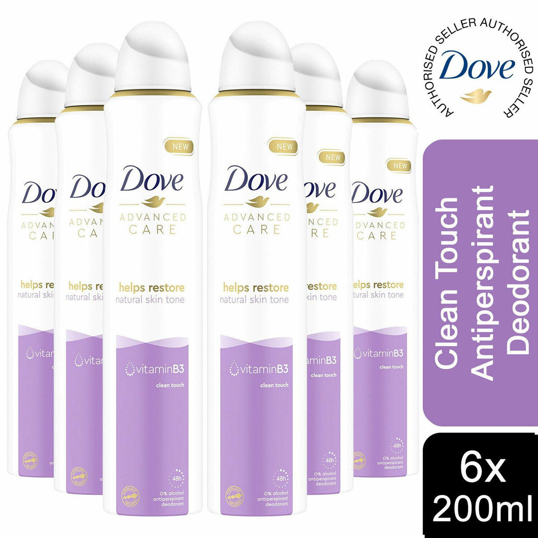 6x of 200ml Dove Advanced Care Clean Touch Anti-Perspirant Deodorant