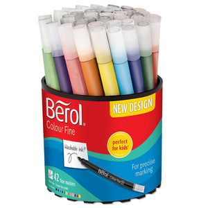Berol Colouring Pens Felt Tip Assorted Washable ink Fine Point 0.6mm Tub of 42