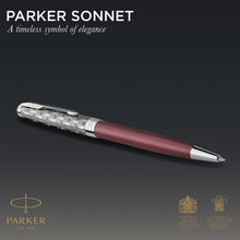 Load image into Gallery viewer, Parker Sonnet Ballpoint Pen Red Satin Finish Chrome Trim Medium Point Black Ink