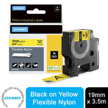 Load image into Gallery viewer, DYMO Rhino Self Adhesive Industrial Nylon Labels 19mm x 3.5m Black on Yellow