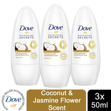 Load image into Gallery viewer, 3pk of 50ml Dove Nourishing Secret Coconut &amp; Jasmine Flower Deodorant Roll-on