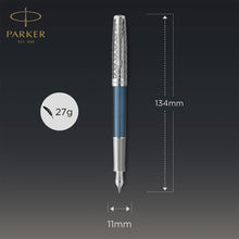 Load image into Gallery viewer, Parker Sonnet Fountain Pen Blue Chrome Trim Fine 18K Gold Nib Black Ink Gift Box