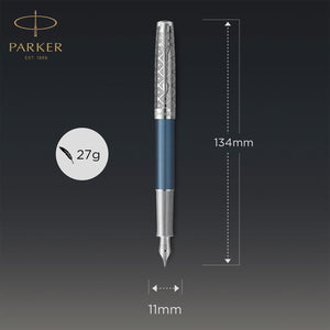 Parker Sonnet Fountain Pen Blue Chrome Trim Fine 18K Gold Nib Black Ink Gift Box