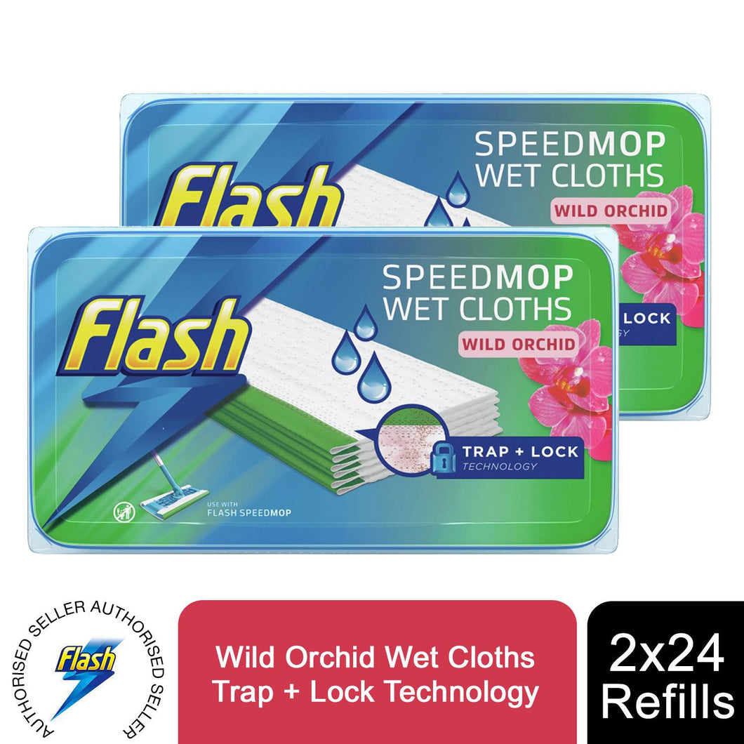 Flash Speedmop Wild Orchid Scented Wet Cloths Trap+Lock, 48 Refills (2*24)