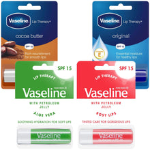 Load image into Gallery viewer, 3x4g Vaseline Lip Therapy+SPF15 PetroleumJelly Stick - Aloe/Original/Cocoa/Rosy