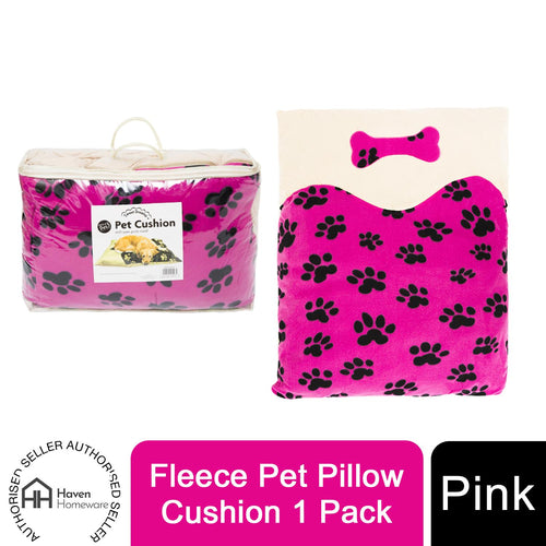 Haven Fleece Pet Pillow Cushion with a pawprint and bone design, Pink