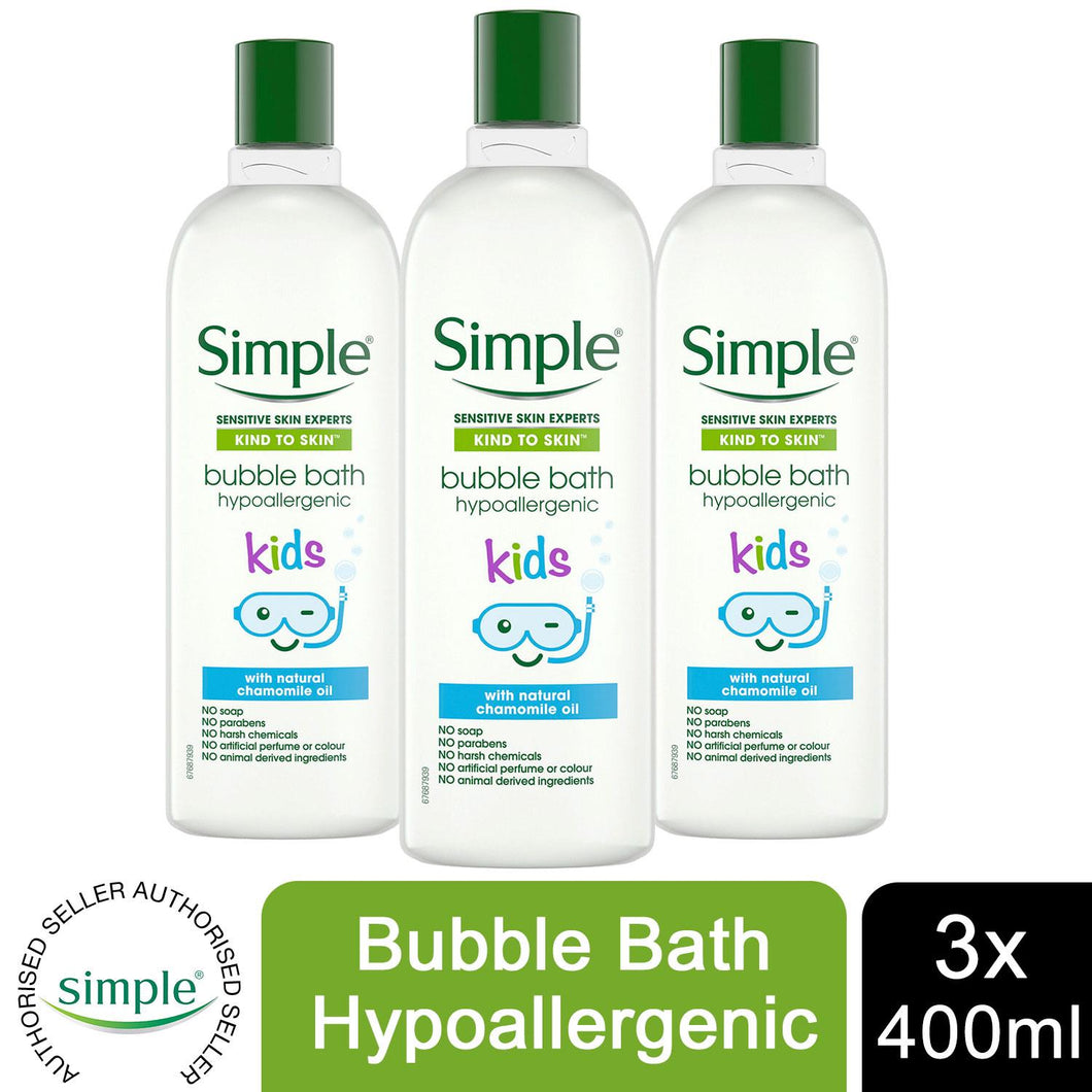 3x of 400ml Simple Kids Bubble Bath Hypoallergenic Body Wash with Chamomile Oil