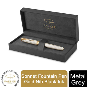 Parker Sonnet Fountain Pen Premium Metal Grey Fine 18K Gold Nib Black Ink