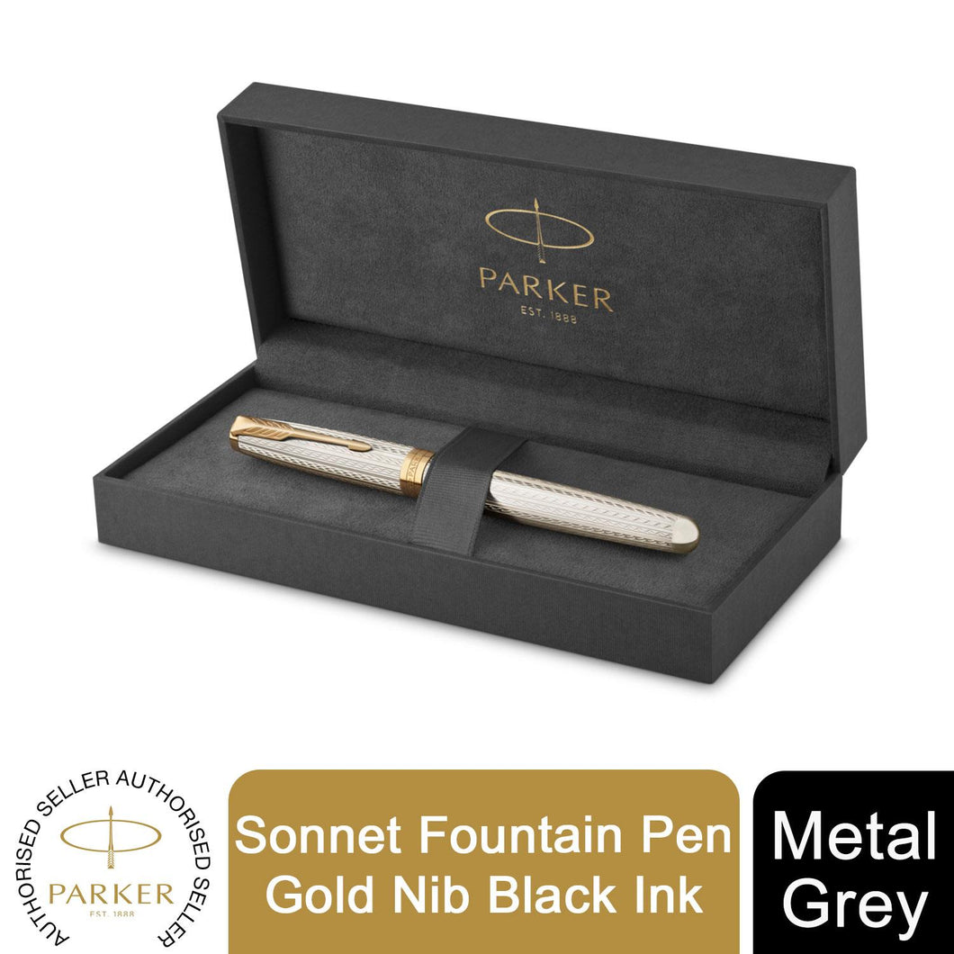 Parker Sonnet Fountain Pen Premium Metal Grey Fine 18K Gold Nib Black Ink