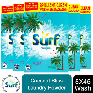 5x of 45W Surf Concentrated Coconut Bliss Laundry Powder 2.25kg, Total 225Washes