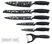 Load image into Gallery viewer, Royalty Line Knife Black floral design and Silicone non-slip handles, 5 pcs
