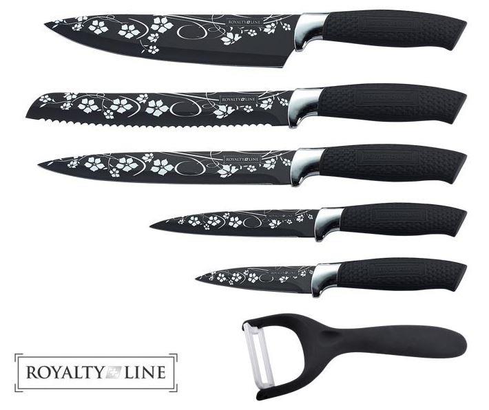 Royalty Line Knife Black floral design and Silicone non-slip handles, 5 pcs