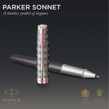 Load image into Gallery viewer, Parker Sonnet Rollerball Pen Metal Grey Satin Rose Gold  Fine Point Black Ink