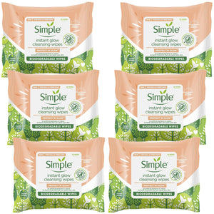 6pk of Simple Protect 'N' Glow Instant Cleansing Wipes for Dull & Tired Skin
