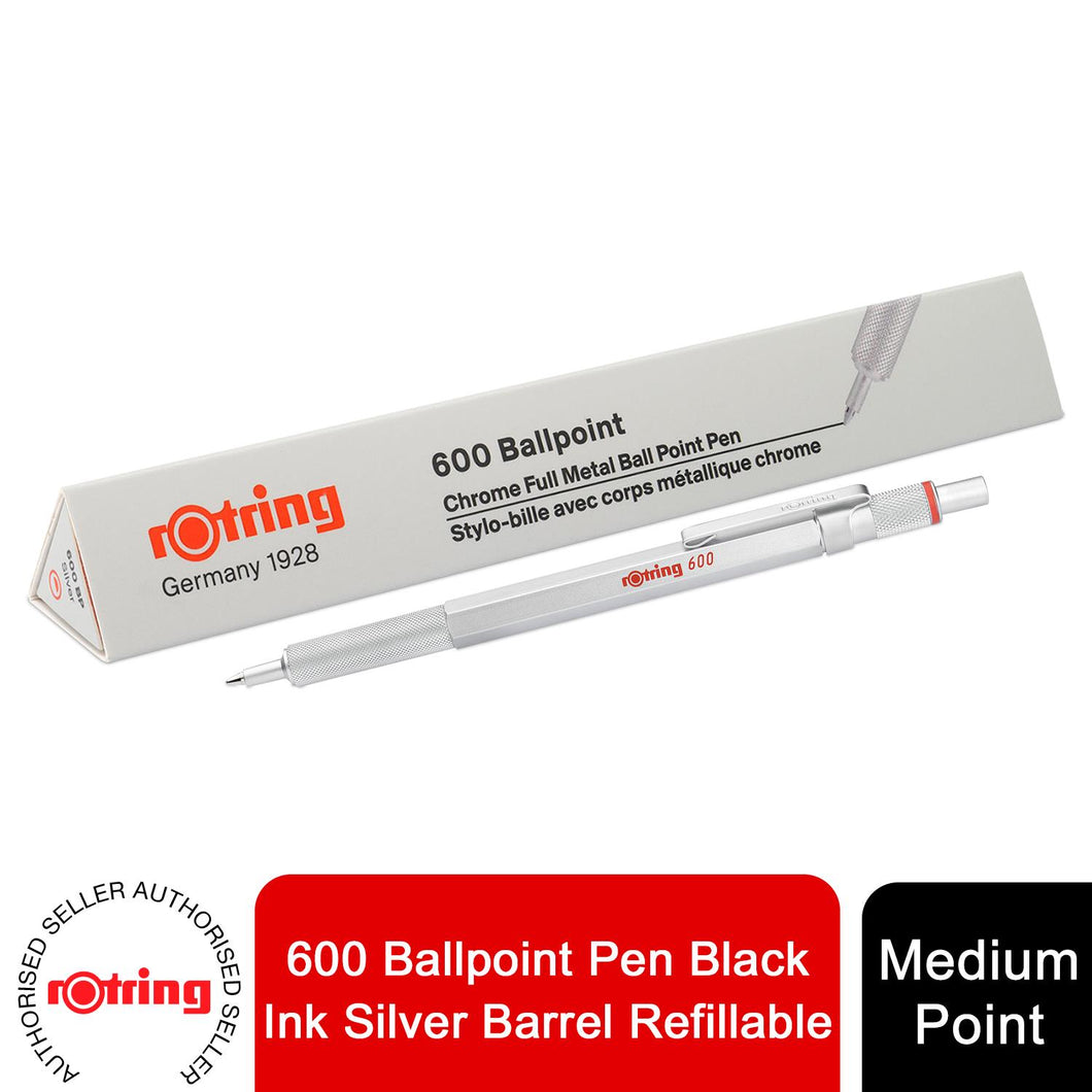 Rotring 600 Ballpoint Pen Medium Point Black Ink Silver Barrel Refillable