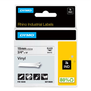 DYMO Rhino Vinyl Polyester Labels Industrial 19mm x 5.5m Black Print on White