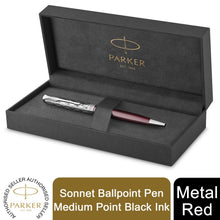 Load image into Gallery viewer, Parker Sonnet Ballpoint Pen Red Satin Finish Chrome Trim Medium Point Black Ink