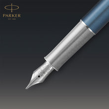 Load image into Gallery viewer, Parker Sonnet Fountain Pen Blue Chrome Trim Fine 18K Gold Nib Black Ink Gift Box