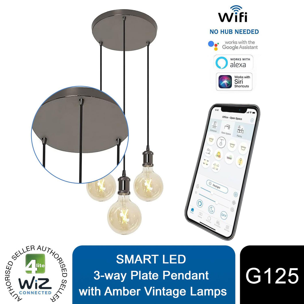WiZ WiFi SMART LED 3way Plate or 3way Bar Pendant with G125 Amber Vintage Lamps